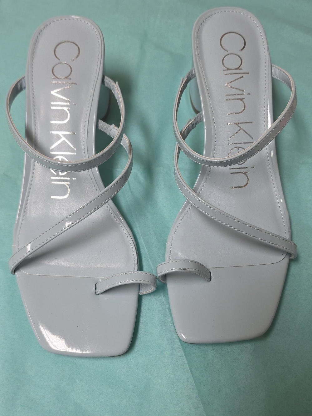 Calvin Klein Pale Blue Gray Patent Strappy Slide Heels